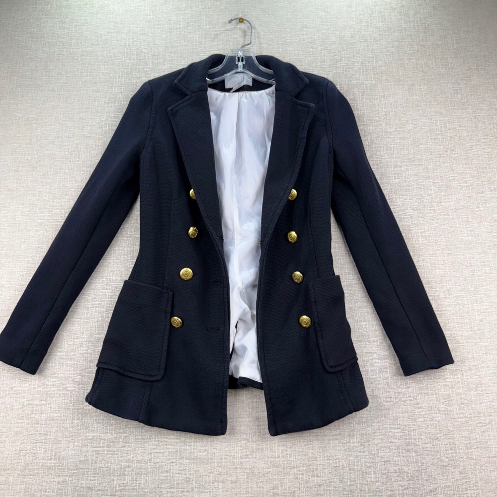 H&M Navy Blue Double Breasted Knit Blazer Gold Crest Button Jacket Womens Small